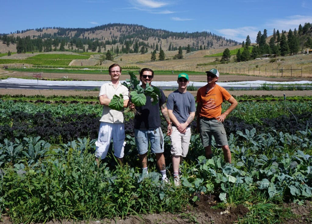 vice & virtue team at local motive farms kelowna picking ingredients for the long table dinner